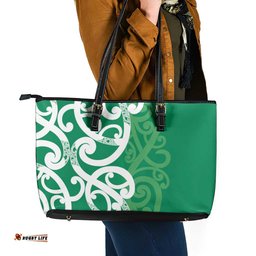 Pounamu Green Maori Leather Tote Bag Koru Kowhaiwhai LT7