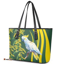 White Cockatoo and Golden Wattle Leather Tote Bag Australian Native Bird LT9