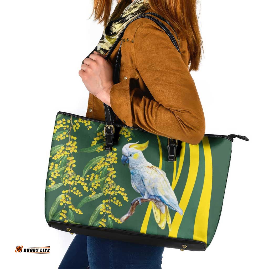 White Cockatoo and Golden Wattle Leather Tote Bag Australian Native Bird LT9