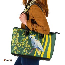 White Cockatoo and Golden Wattle Leather Tote Bag Australian Native Bird LT9