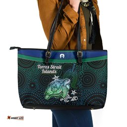 Torres Strait Islands Sea Turtle and Dhari Leather Tote Bag Oceanic Indigenous Dotwork Tribal Illustration TS04