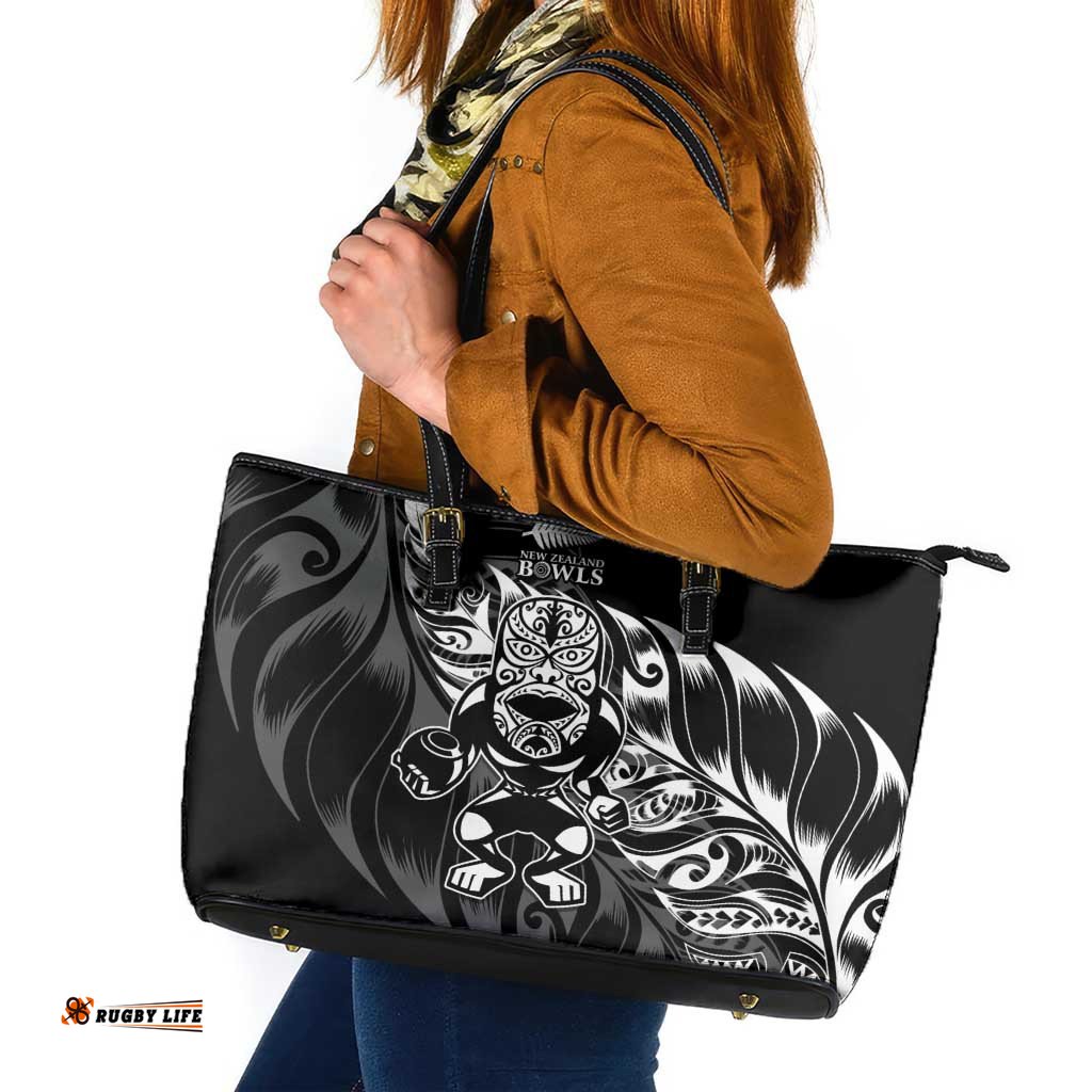New Zealand Lawn Bowls Leather Tote Bag Black Maori Warrior Tribal Silver Fern LT9
