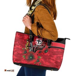 St Saints ANZAC Personalised Leather Tote Bag Lest We Forget Poppy Camo LT9