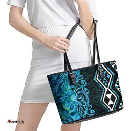 Turquoise Aotearoa Leather Tote Bag Taniko Motifs With Paua Shell Kowhaiwhai LT14