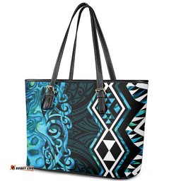 Turquoise Aotearoa Leather Tote Bag Taniko Motifs With Paua Shell Kowhaiwhai LT14