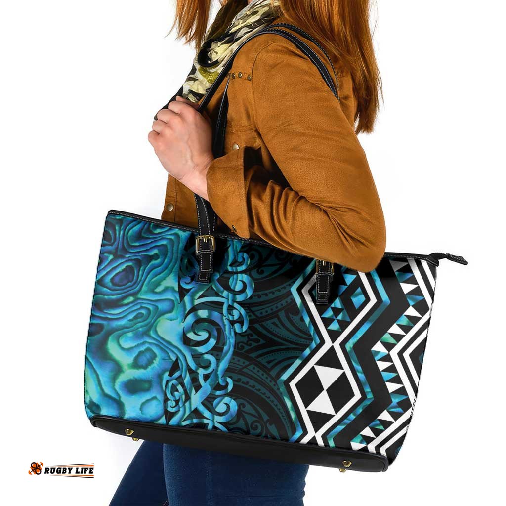 Turquoise Aotearoa Leather Tote Bag Taniko Motifs With Paua Shell Kowhaiwhai LT14
