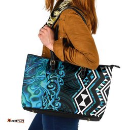 Turquoise Aotearoa Leather Tote Bag Taniko Motifs With Paua Shell Kowhaiwhai LT14