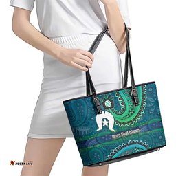 Torres Strait Islands Leather Tote Bag Dhari Emblem Vibrant Teal Indigenous TS04