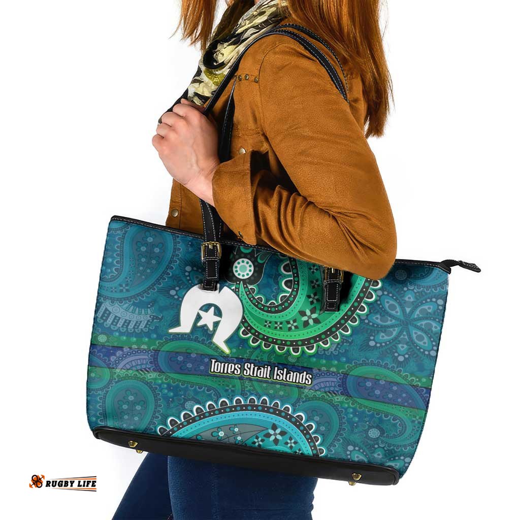 Torres Strait Islands Leather Tote Bag Dhari Emblem Vibrant Teal Indigenous TS04