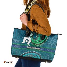 Torres Strait Islands Leather Tote Bag Dhari Emblem Vibrant Teal Indigenous TS04