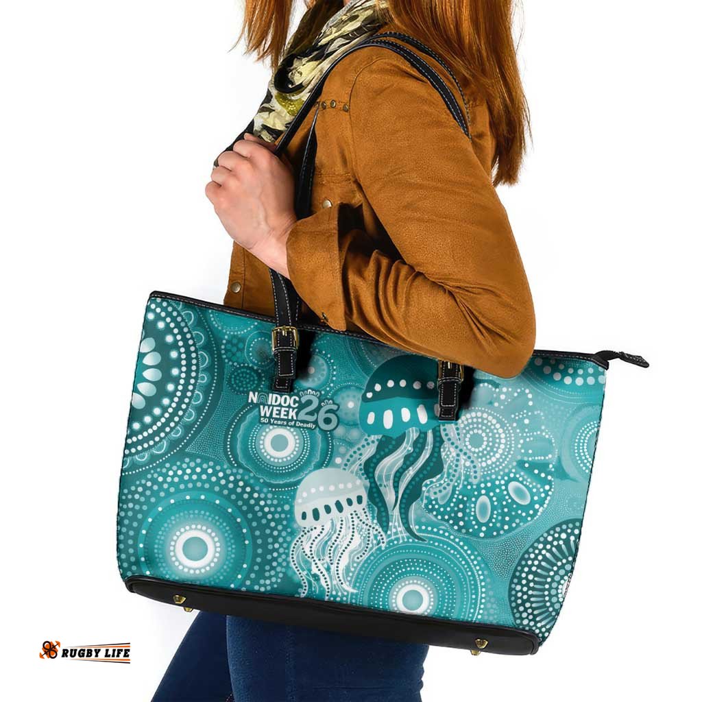 NAIDOC Deadly 50 Years Leather Tote Bag Jellyfish Aboriginal Culture Inspired Turquoise LT9