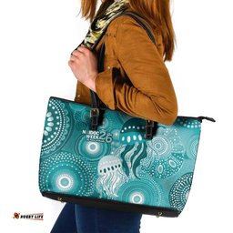 NAIDOC Deadly 50 Years Leather Tote Bag Jellyfish Aboriginal Culture Inspired Turquoise LT9