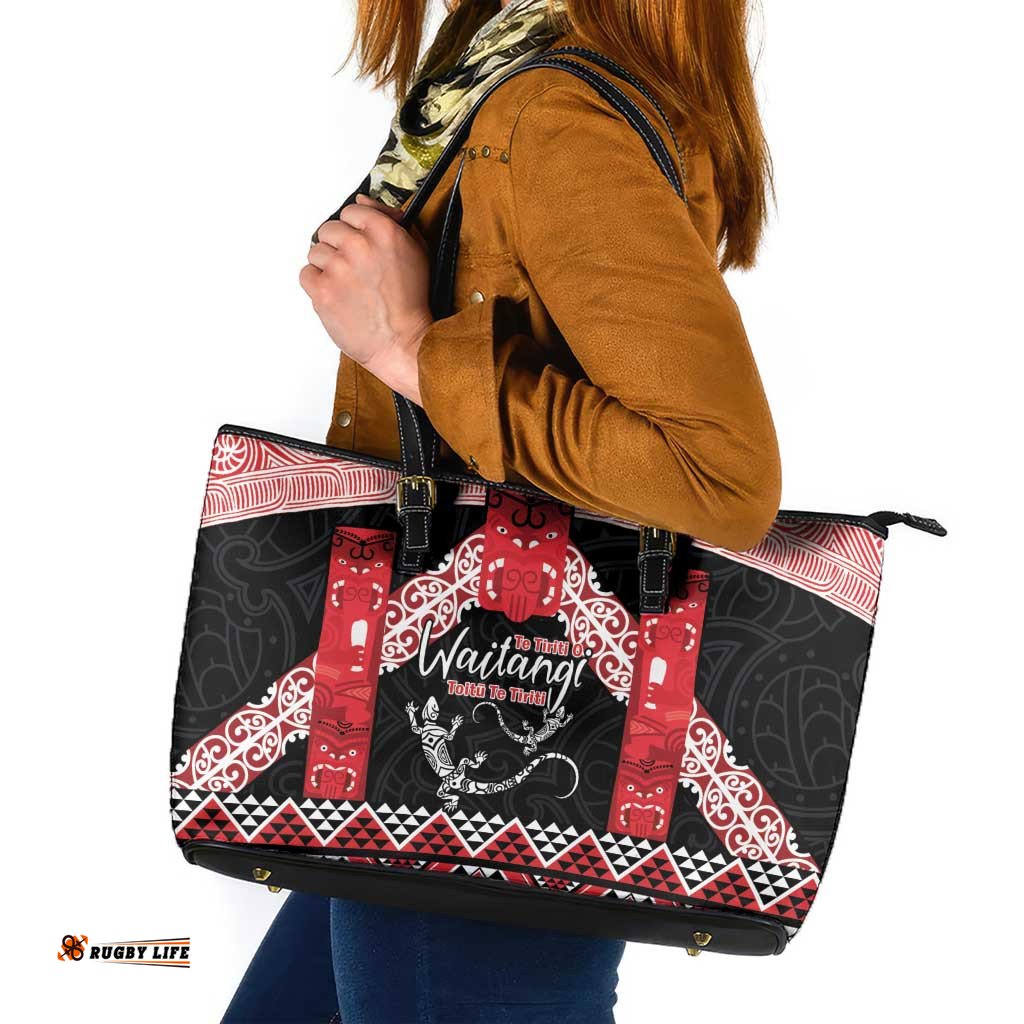 Toitu Te Tiriti O Waitangi Leather Tote Bag Maori Wharenui With Taniko Motifs LT14