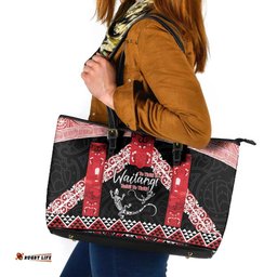 Toitu Te Tiriti O Waitangi Leather Tote Bag Maori Wharenui With Taniko Motifs LT14