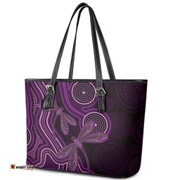 Purple Indigenous Dragonfly Australia Leather Tote Bag Aboriginal Art LT14