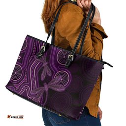 Purple Indigenous Dragonfly Australia Leather Tote Bag Aboriginal Art LT14