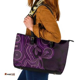 Purple Indigenous Dragonfly Australia Leather Tote Bag Aboriginal Art LT14