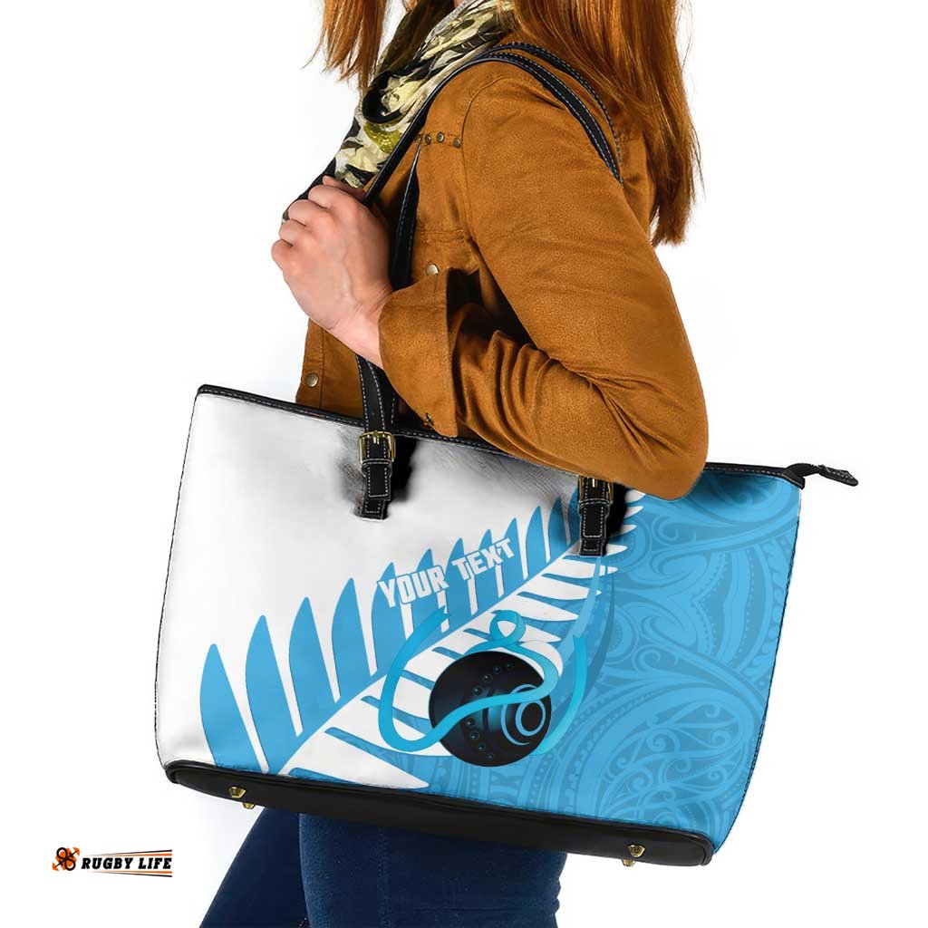 New Zealand Lawn Bowls Prostate Cancer Custom Leather Tote Bag Aotearoa Maori Silver Fern Blue Ribbon LT14