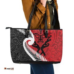 Silver Fern Koru Swirls with Maori Ta Moko Leather Tote Bag LT9