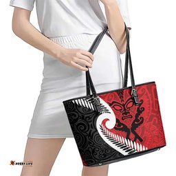 Silver Fern Koru Swirls with Maori Ta Moko Leather Tote Bag LT9