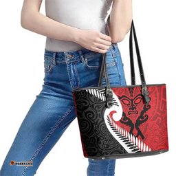 Silver Fern Koru Swirls with Maori Ta Moko Leather Tote Bag LT9