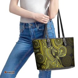 Yellow Indigenous Dragonfly Australia Leather Tote Bag Aboriginal Art LT14
