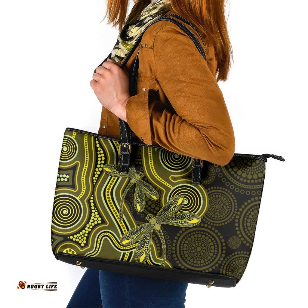Yellow Indigenous Dragonfly Australia Leather Tote Bag Aboriginal Art LT14
