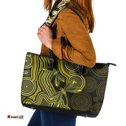 Yellow Indigenous Dragonfly Australia Leather Tote Bag Aboriginal Art LT14
