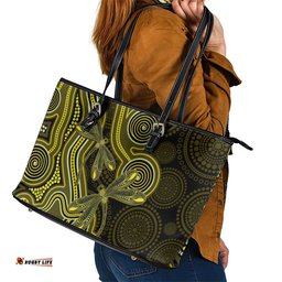 Yellow Indigenous Dragonfly Australia Leather Tote Bag Aboriginal Art LT14