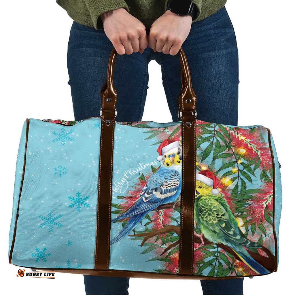 Blue Budgies on Callistemon Travel Bag Merry Christmas Aussie LT7