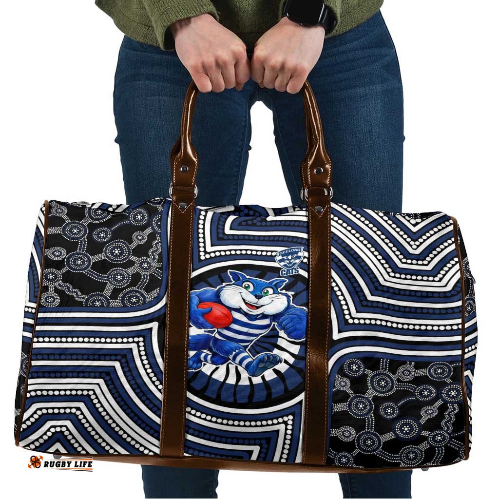 Geelong Cats Travel Bag Indigenous Monochrome Dot Art Mascot Style TS04