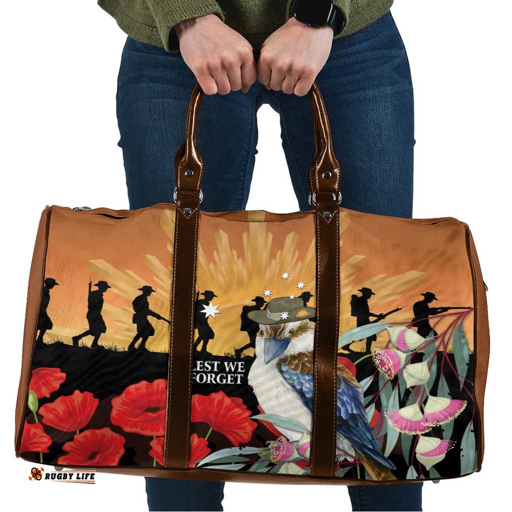 Australia Kookaburra ANZAC Day Travel Bag Rising Sun 25th April Poppy Eucalyptus Blossoms LT14