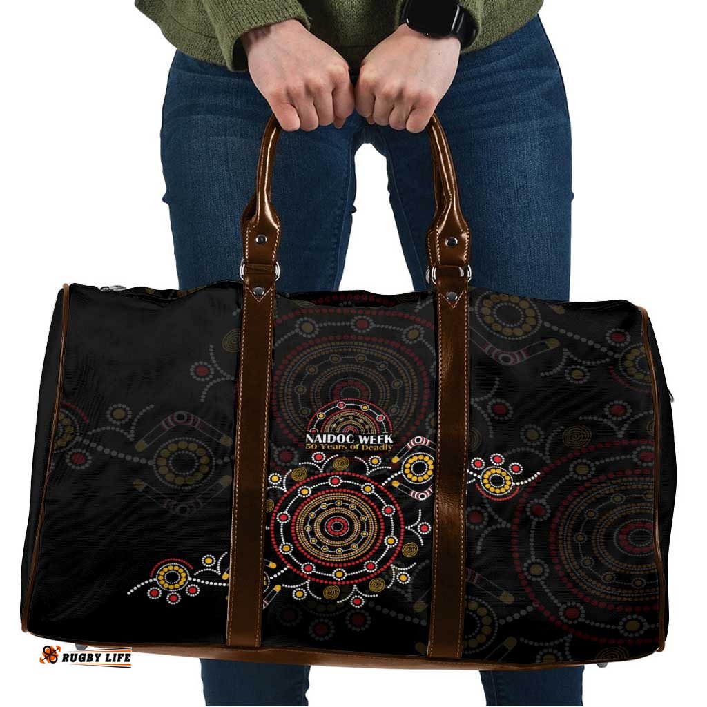 NAIDOC Deadly 50 Years Travel Bag Aboriginal Black Gold Boomerang Art LT9