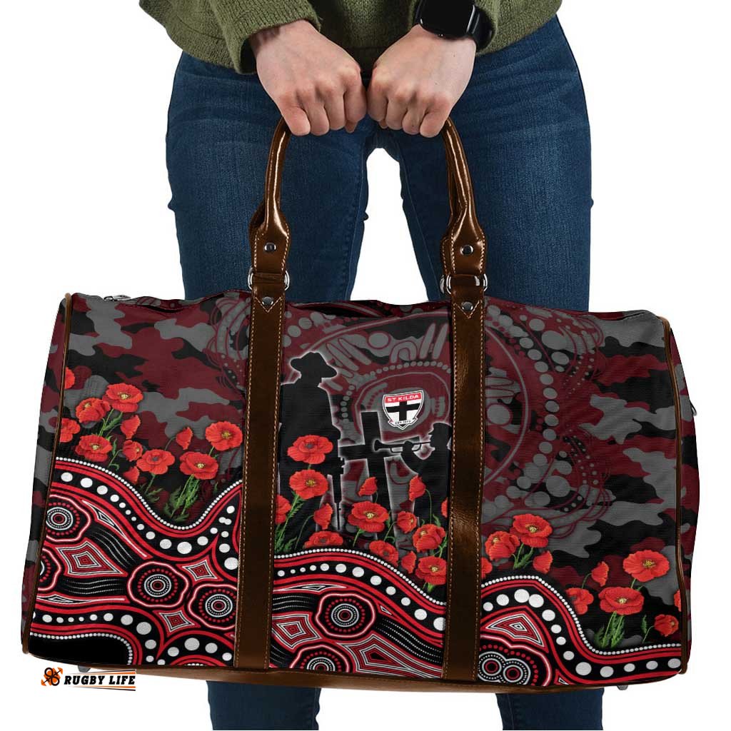 St Kilda Saints ANZAC Day Travel Bag Indigenous Dot Art with Poppy Flower Tribute TS04