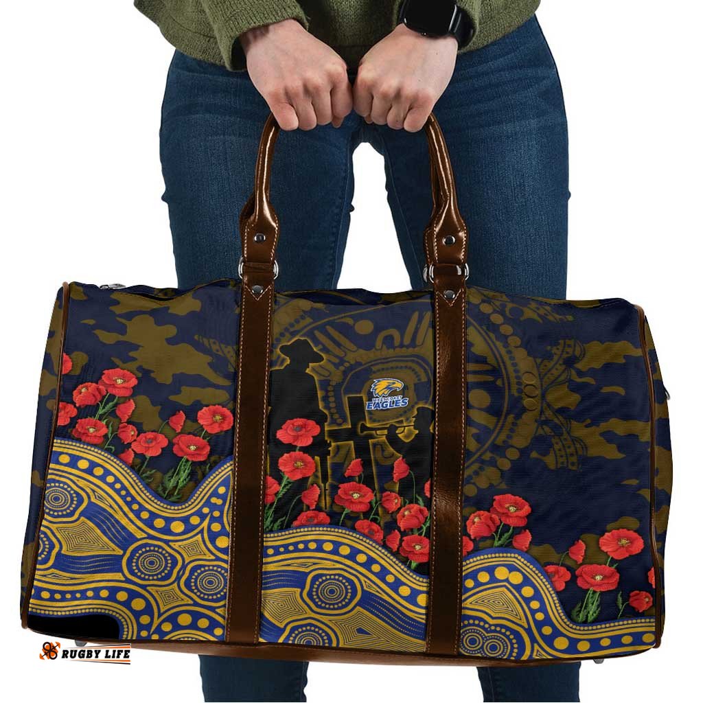 West Coast Eagles ANZAC Day Travel Bag Indigenous Dot Art with Poppy Flower Tribute TS04