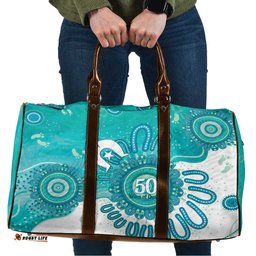 NAIDOC Week 2026 Travel Bag 50 Years Deadly Dhari Cyan Aboriginal Art LT14