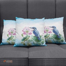 Australia Azure Kingfisher Pillow Cover Ceyx Azureus Sacred Lotus Watercolor LT14