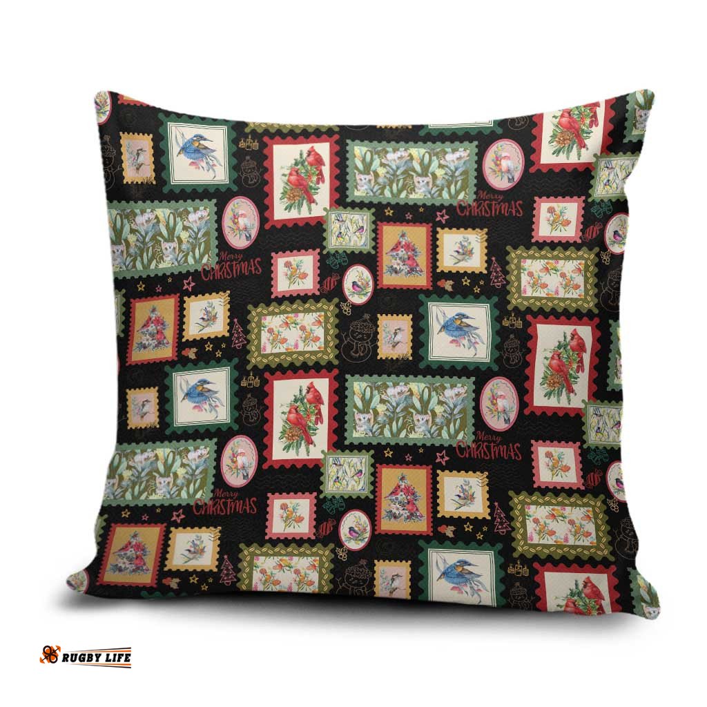 Aussie Birds Christmas La La Land Pillow Cover Black Vintage Stamp Edition LT9