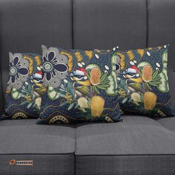 Aussie Honeyeaters Banksia Christmas Pillow Cover Aboriginal Dots Painting Blue Motif LT9