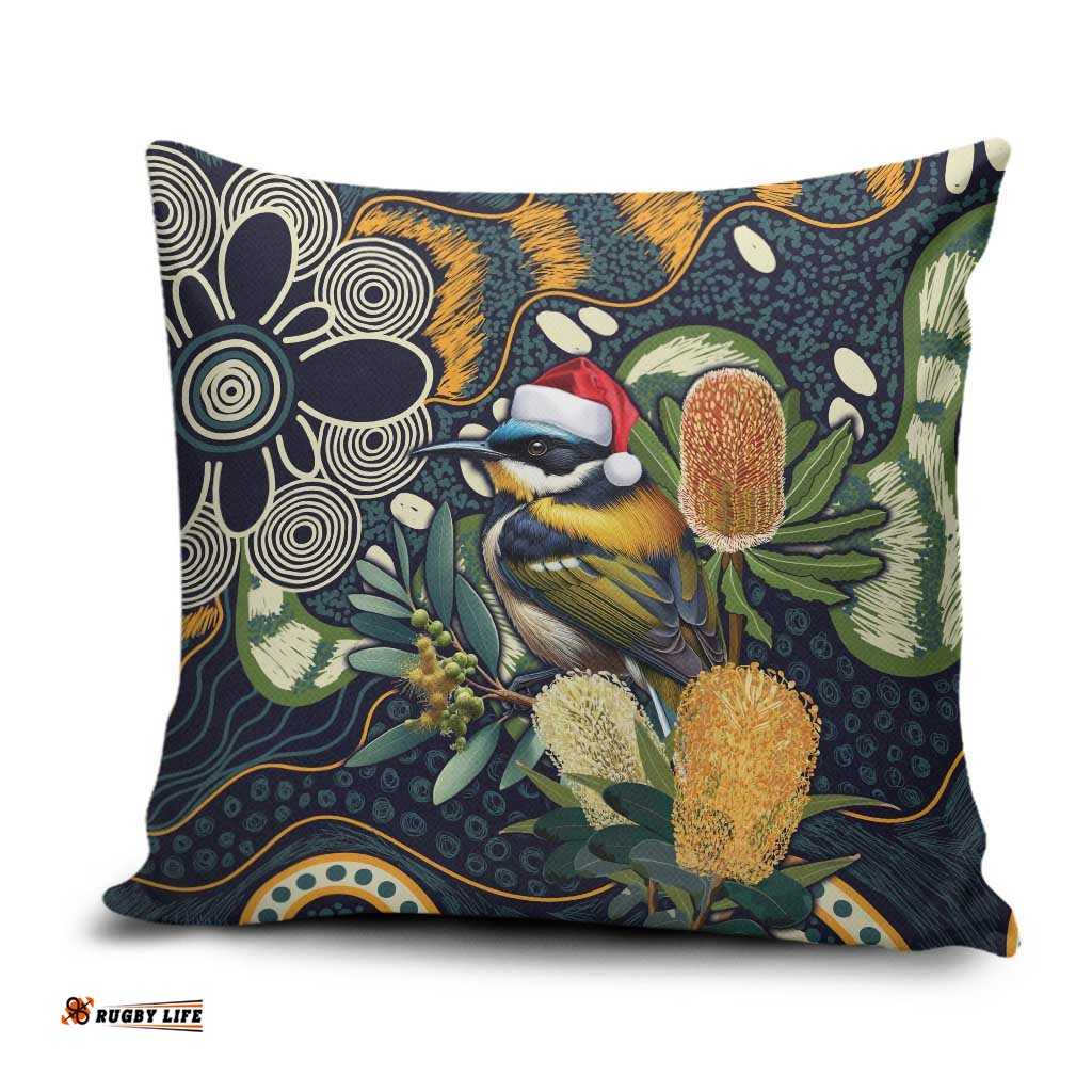 Aussie Honeyeaters Banksia Christmas Pillow Cover Aboriginal Dots Painting Blue Motif LT9