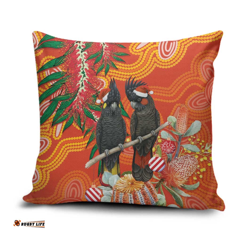 Australia Black Cockatoo Christmas Pillow Cover Banksia Bottlebrush Aboriginal Art LT14