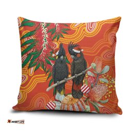 Australia Black Cockatoo Christmas Pillow Cover Banksia Bottlebrush Aboriginal Art LT14