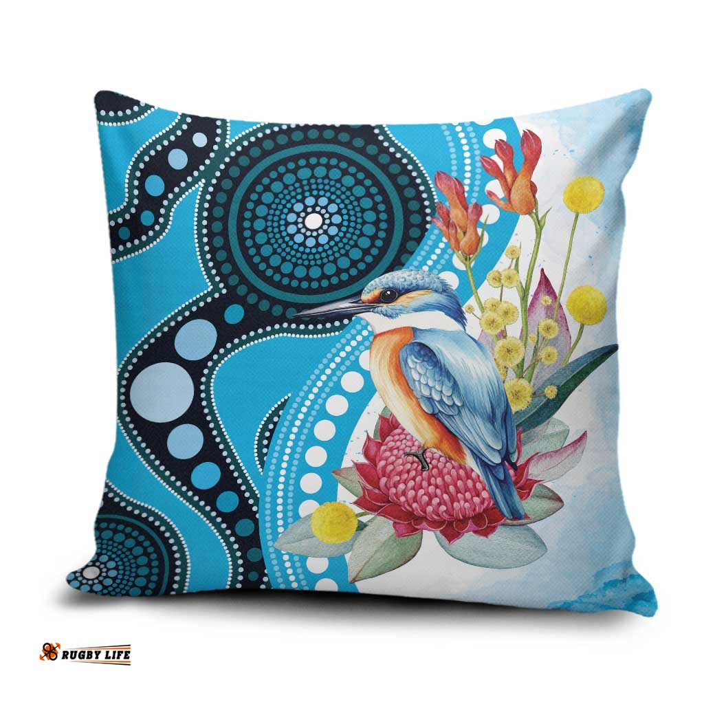Australia Azure Kingfisher Pillow Cover Australian Native Flowers Indigenous Art LT14