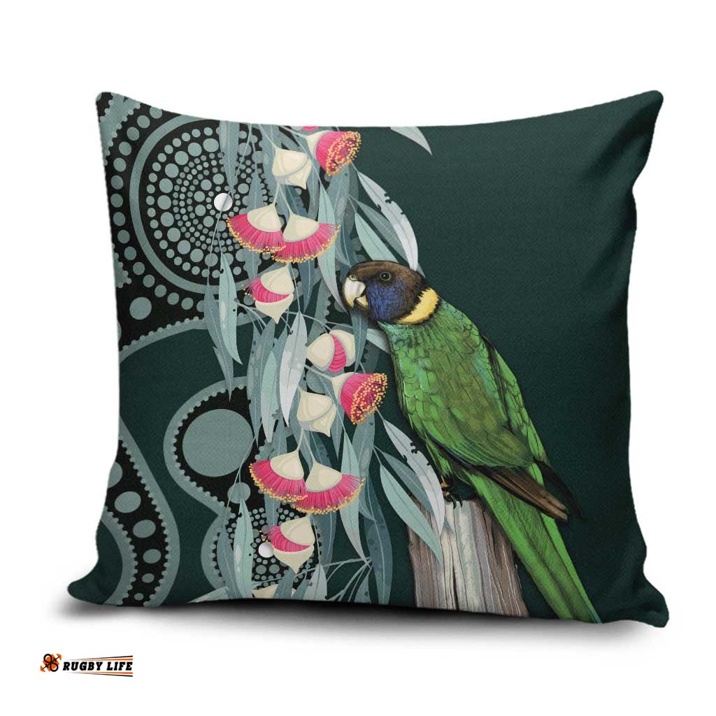 Australian Ringneck Parrot Pillow Cover Barnardius Zonarius Eucalyptus Flowers Aboriginal Art LT14