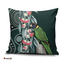 Australian Ringneck Parrot Pillow Cover Barnardius Zonarius Eucalyptus Flowers Aboriginal Art LT14