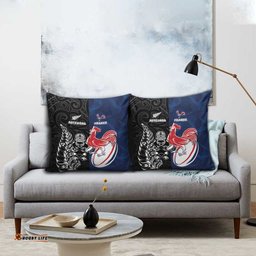 France And New Zealand Rugby Pillow Cover Les Bleus Rooster With Maori Tiki LT05