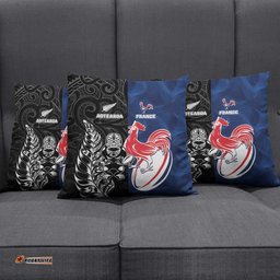 France And New Zealand Rugby Pillow Cover Les Bleus Rooster With Maori Tiki LT05