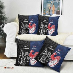 France And New Zealand Rugby Pillow Cover Les Bleus Rooster With Maori Tiki LT05