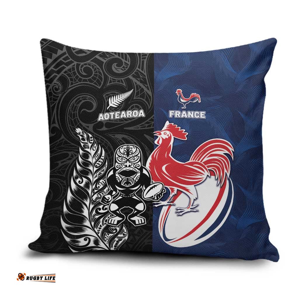 France And New Zealand Rugby Pillow Cover Les Bleus Rooster With Maori Tiki LT05