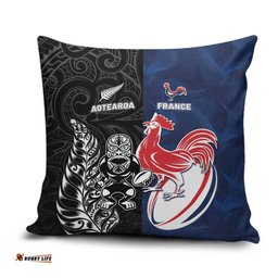 France And New Zealand Rugby Pillow Cover Les Bleus Rooster With Maori Tiki LT05
